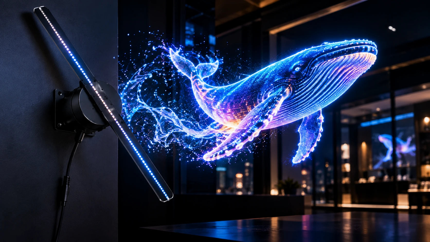 Ventilador LED 3D en una pared mostrando una ballena con efecto holográfico